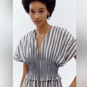 Anthropologie V-Neck Zip Front Midi Dress in Blue